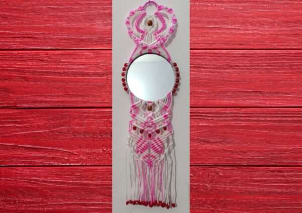 HOBBYHUT Macrame Hanging Wall Mirror with Macrame Round Mirror Art| Boho Decor Macrame Decorative Mirror Framed| Modern Room Home Decor | (Pink & White)